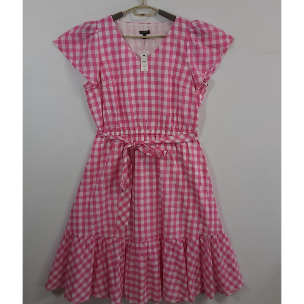 Talbots Gingham Flutter Sleeve Dress 16P Pink White Ruffle Tiered Midi NEW - Picture 1 of 13